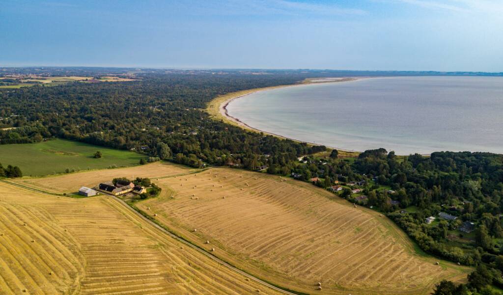An aerial view of a beautiful landscape. On the right of the image is the sea and some beaches, on the left there are some lovely fields with houses on them.