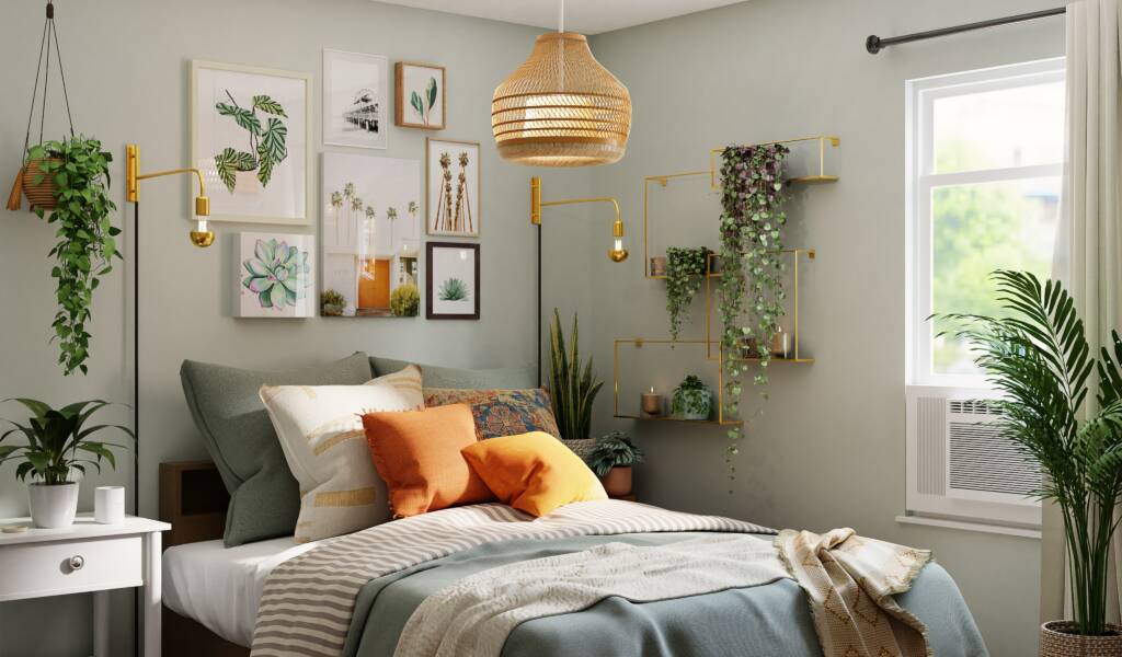Modern bright bedroom with cozy cushions, and light fixtures.